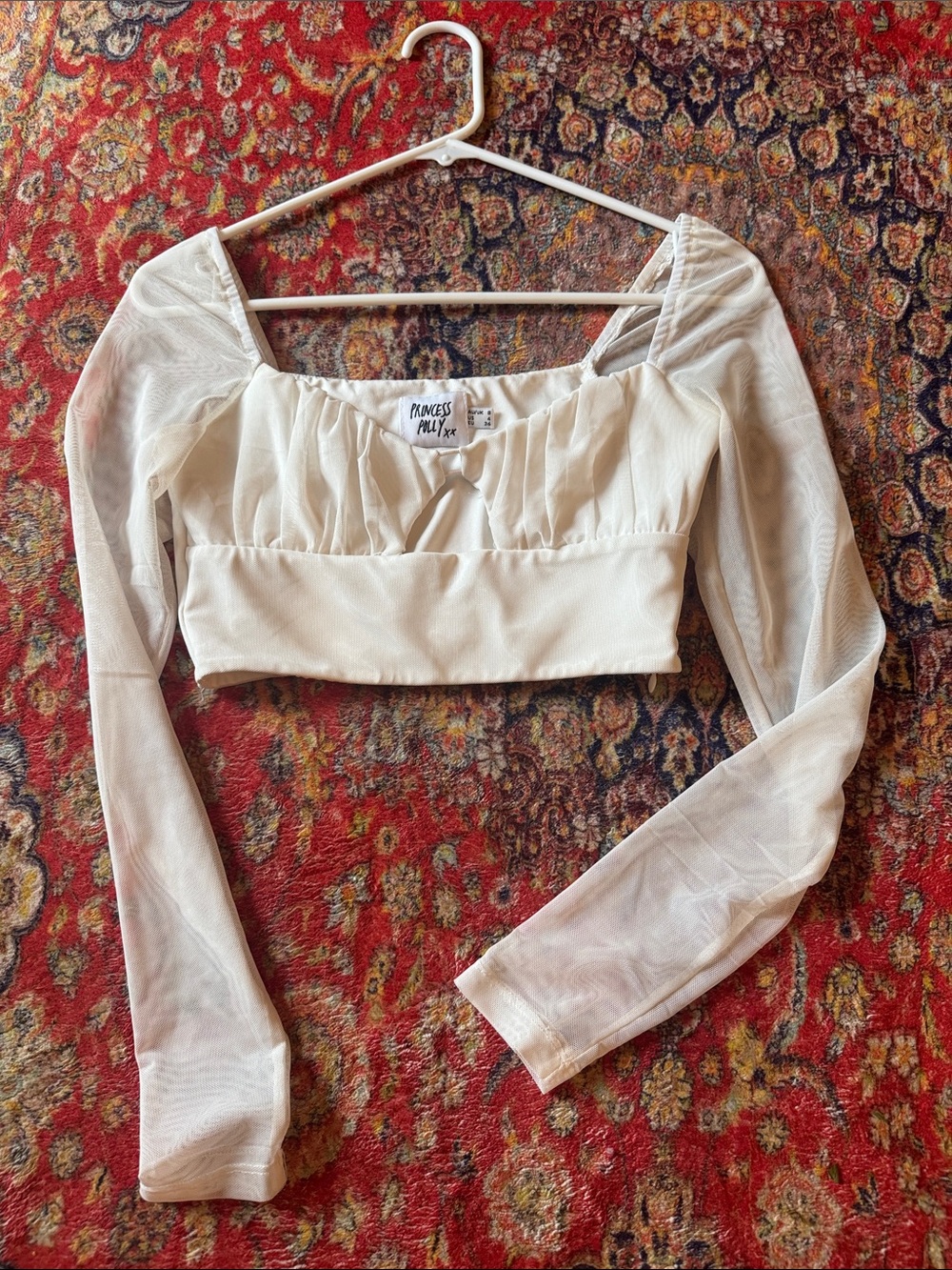 Princess Polly Cream Long Sleeve Mesh Crop Top size 4